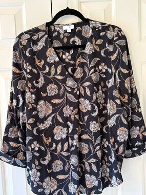 NWOT J. Jill  Black Satin Floral  V-Neck Blouse  Popover  Sz  M
